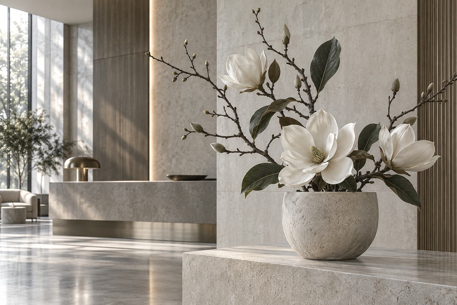 Sculptural artificial magnolia arrangement in a refined commercial lobby