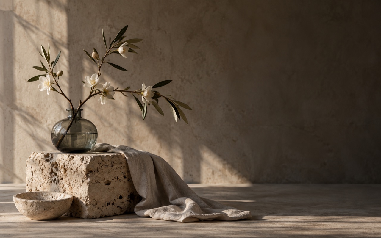 Artificial flowering branch arranged with stone and linen