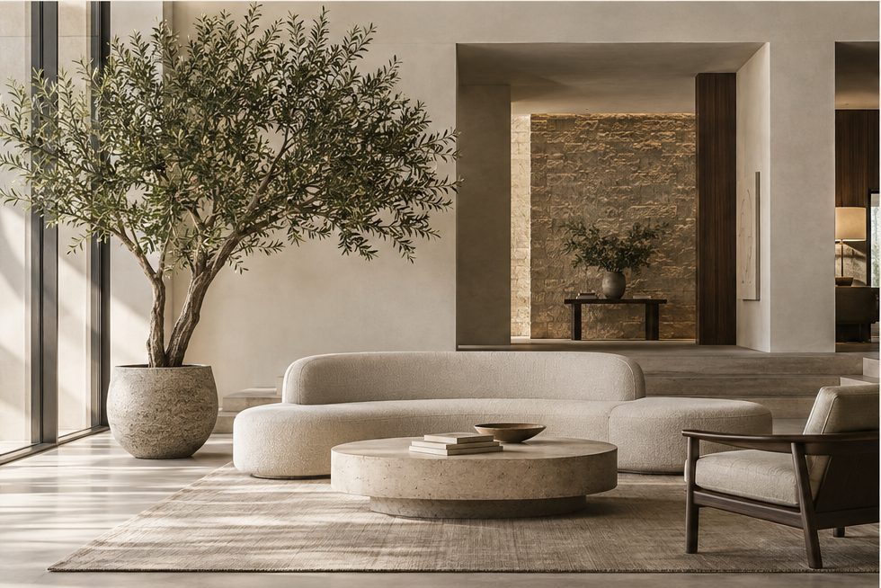 Botanical installation shaping a contemporary commercial interior